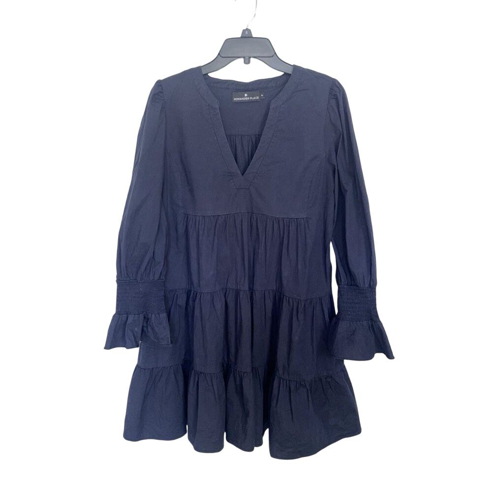 Pomander Place Tuckernuck Navy Crepe Kenzo Tiered Mini Dress XL Minimal Cottage
